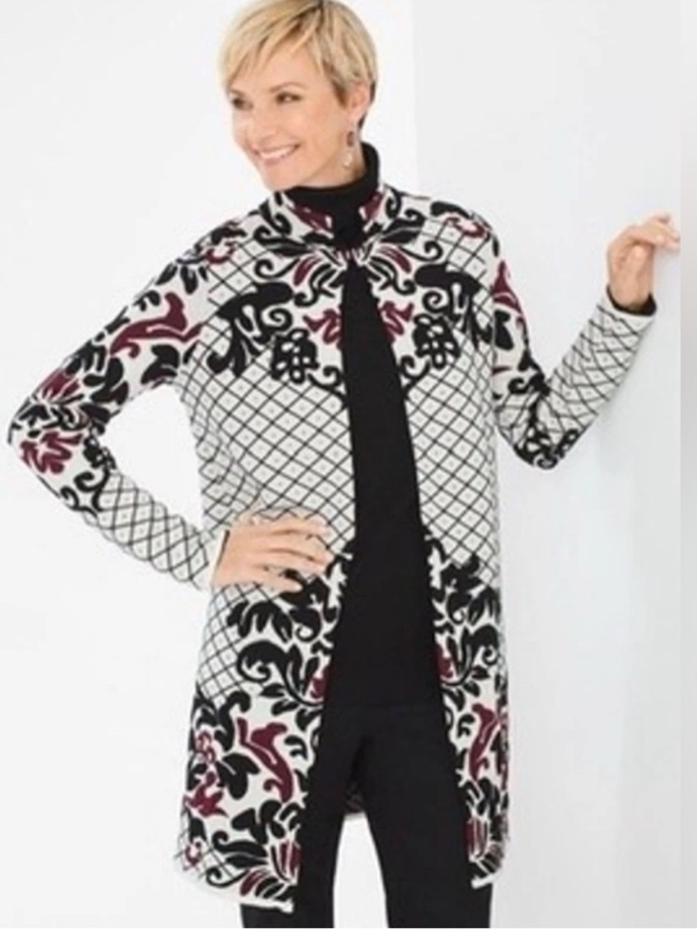 Chico’s Long Line Midi Contrast Scroll Black & Burgundy Cardigan Sweater Large